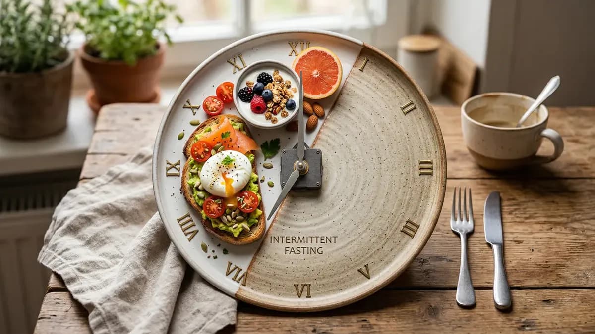Vrouw die kijkt naar een klok naast een bord met gezond eten als metafoor voor intermittent fasting eetvensters voor vrouwen