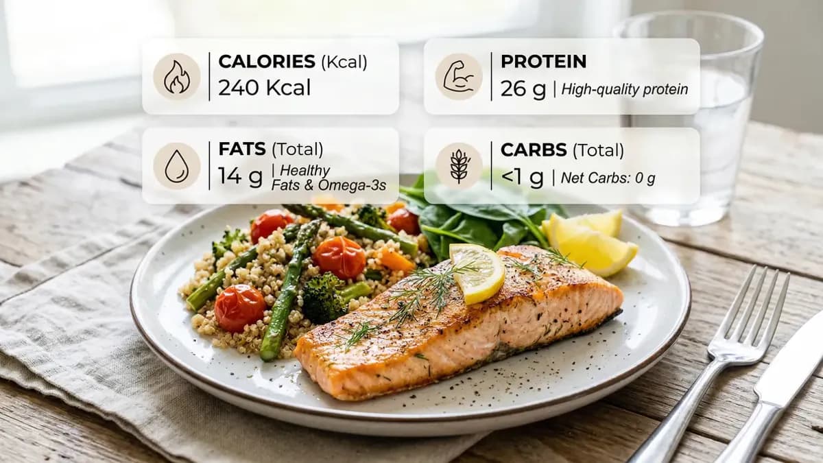 Verse zalmfilet met voedingswaarde labels voor calorieën, eiwit en omega-3 vetzuren op een houten snijplank