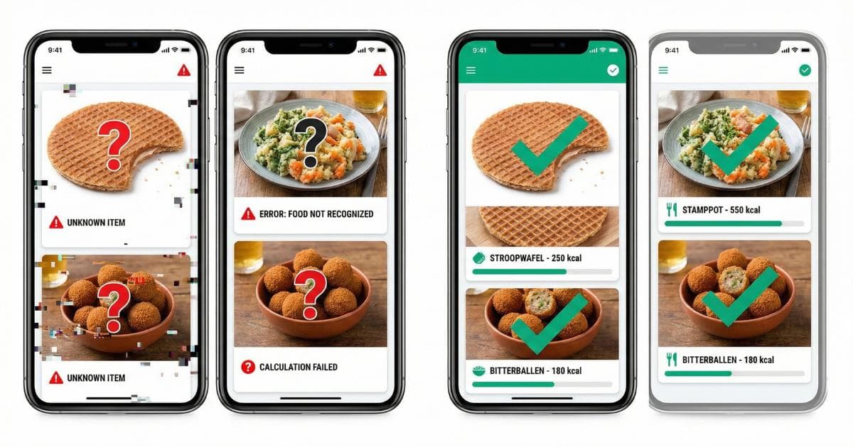AI calorie tracking app die Nederlandse gerechten zoals stroopwafels en stamppot herkent met correcte voedingswaarden