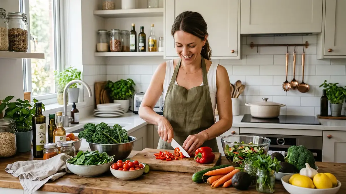 Fresh healthy ingredients — chickpeas, avocado, quinoa, vegetables and lemon — neatly arranged on a kitchen worktop as preparation for a healthy meal