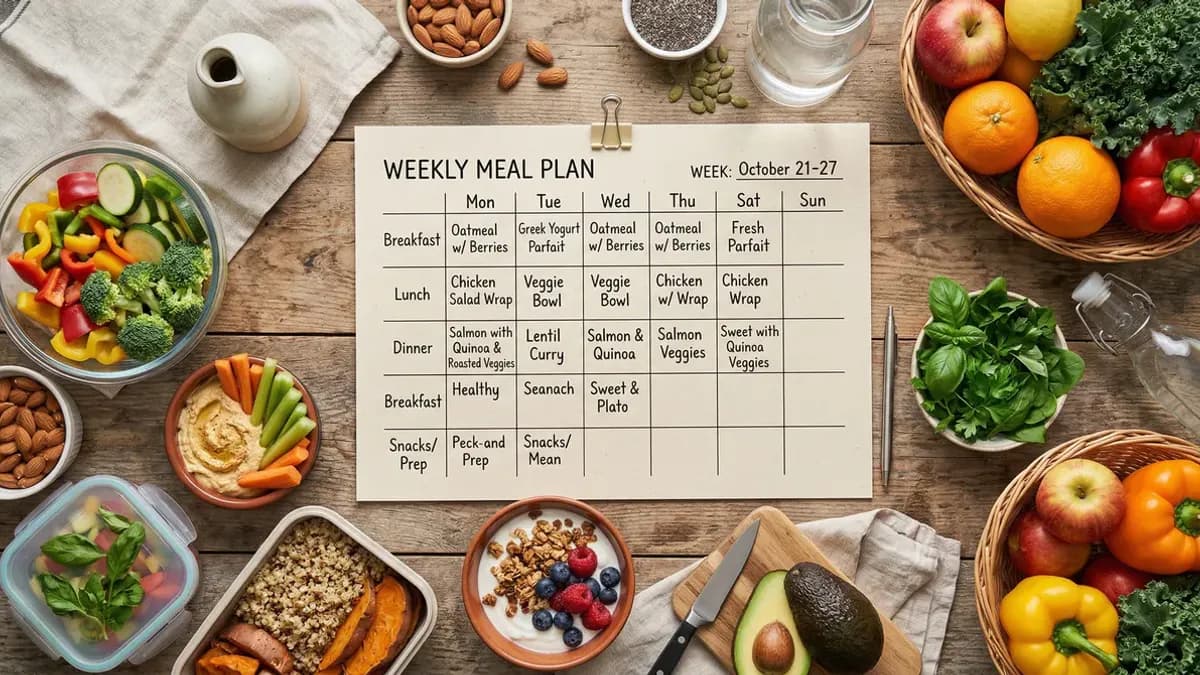 Weekly planner surrounded by colourful healthy meals — free meal plan for the whole week