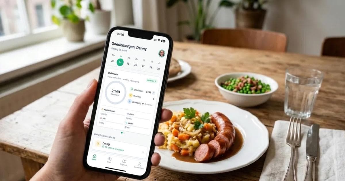 Moveno app dashboard op smartphone met calorieënring en voedingswaarden, naast een Nederlandse maaltijd op een houten tafel