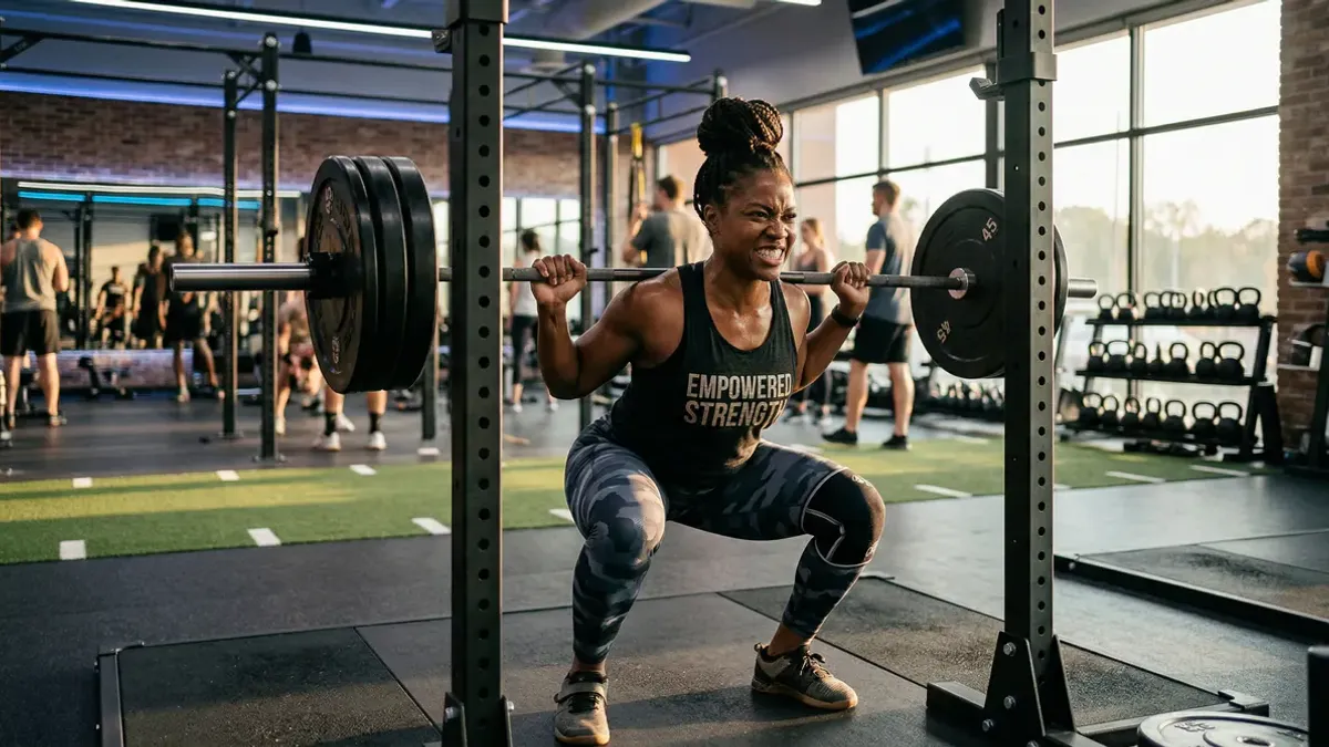 Strong woman doing resistance training in a modern gym as an evidence-based strategy to lose belly fat after menopause