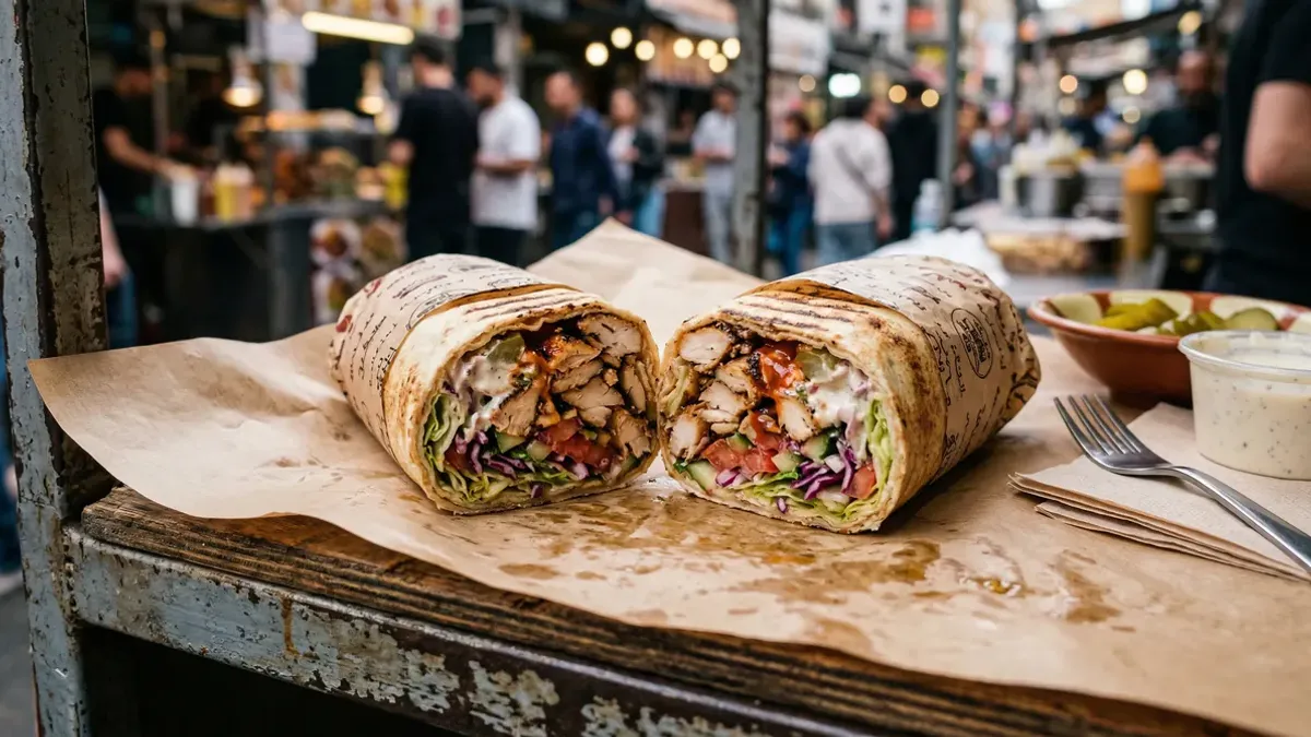 Cross-section of a shawarma wrap with chicken, lettuce, and garlic sauce on kraft paper