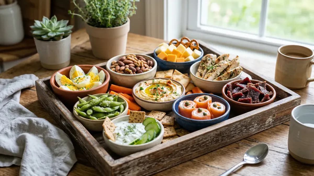 Een assortiment eiwitrijke snacks in kleine schaaltjes op een dienblad — Griekse yoghurt, gekookte eieren, amandelen, edamame en kwark — stijlvol gefotografeerd als middag-snackfotografie