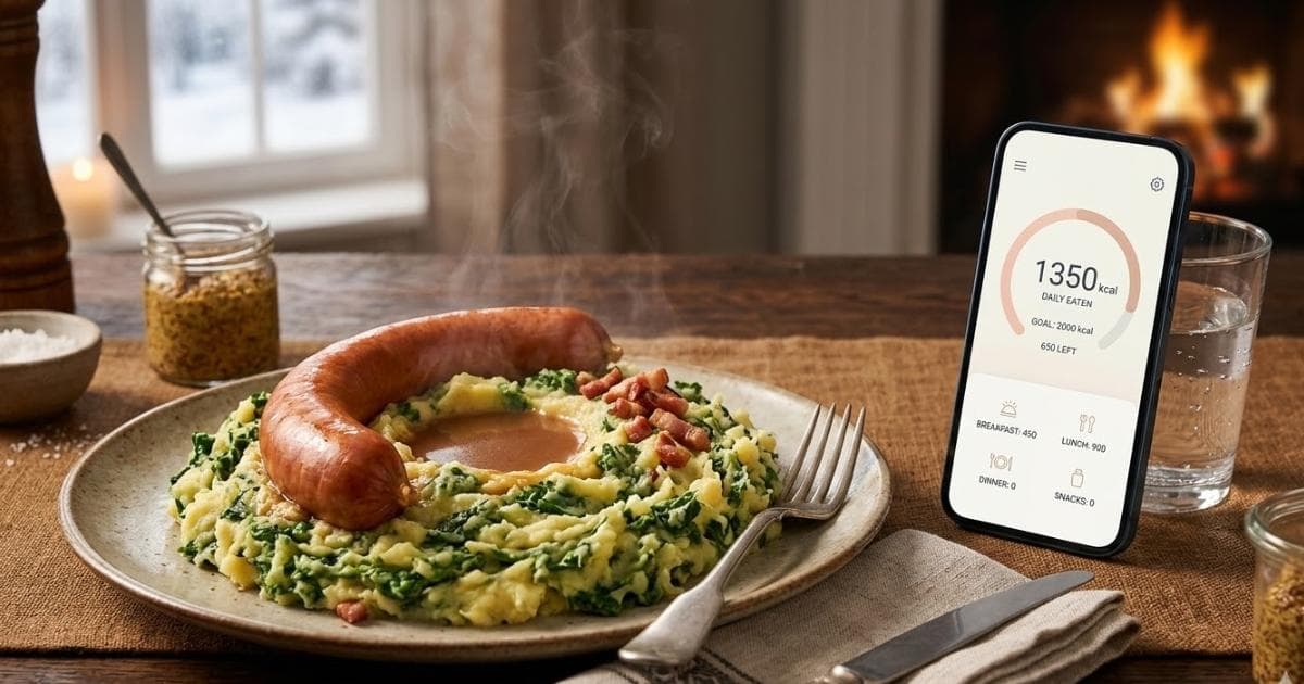 Bord boerenkoolstamppot met rookworst en jus — calorieën vergelijking stamppotten