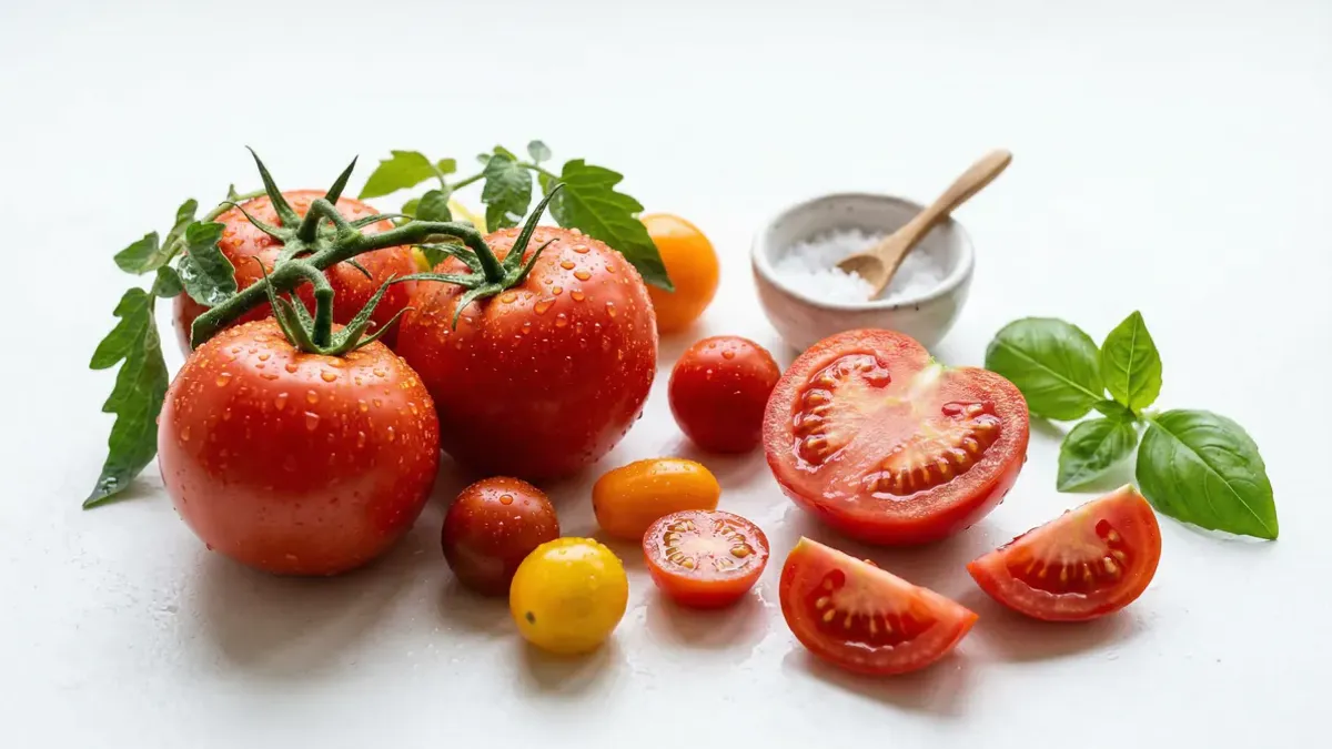 Verse rode tomaten op een snijplank met waterdruppels, lichte achtergrond met tomaat calorieën overzicht