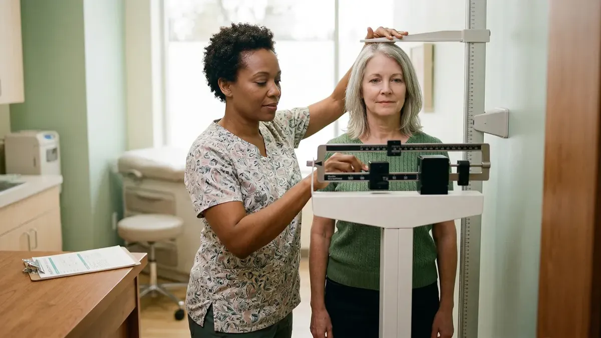 Woman measuring her waist with a tape measure, symbolising BMI assessment and health monitoring