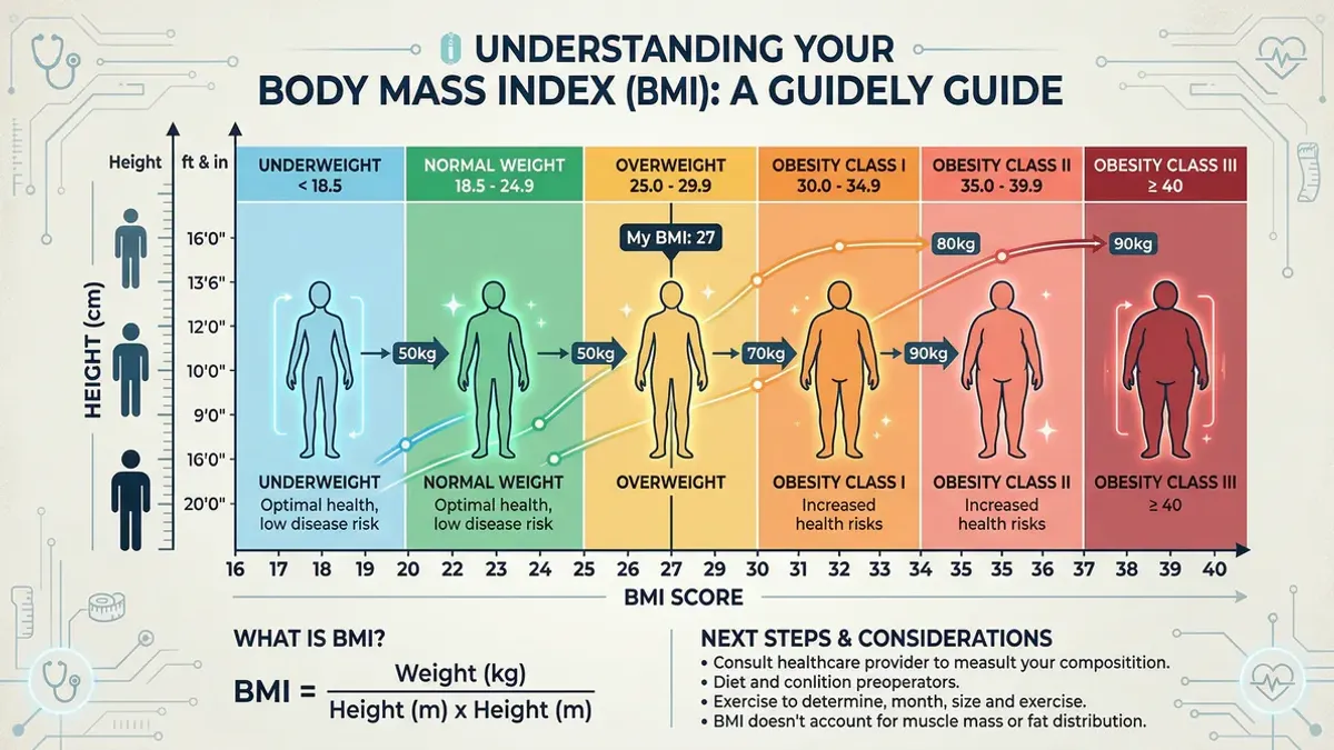 Colour-coded BMI chart showing categories from underweight to obesity on a clean white background