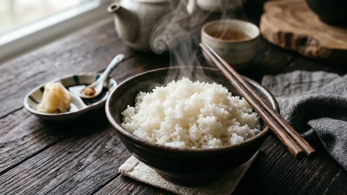 Kom met dampende witte rijst en eetstokjes op een donkere houten tafel, rijst calorieën overzicht