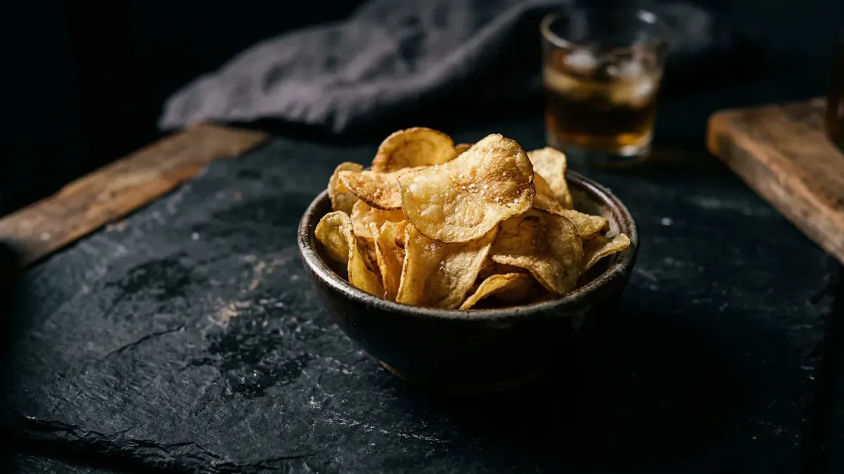 Schaaltje knapperige chips op een donker oppervlak met dramatisch licht, bovenaanzicht snackfotografie