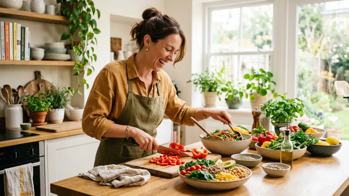 Happy person preparing a colourful healthy meal in a bright kitchen, lifestyle photography, positive wellness atmosphere