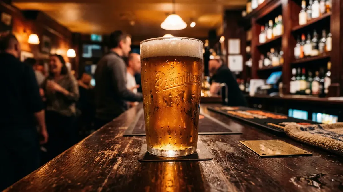 Cold glass of golden lager beer with condensation drops on a dark bar counter, atmospheric lighting