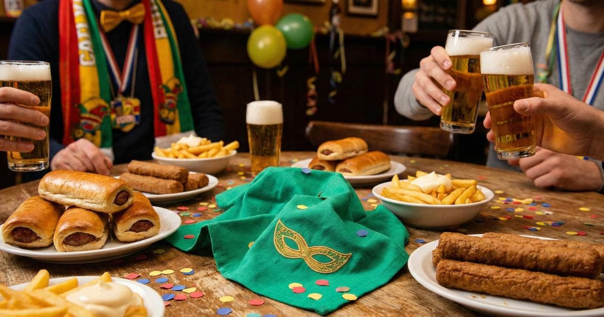 Carnavalseten op tafel: worstenbroodjes, frikandel, bier en friet met confetti — calorieën tijdens Carnaval