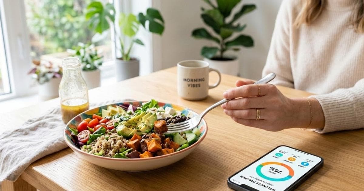 Persoon maakt een foto van een gezonde maaltijd met een smartphone om calorieën bij te houden