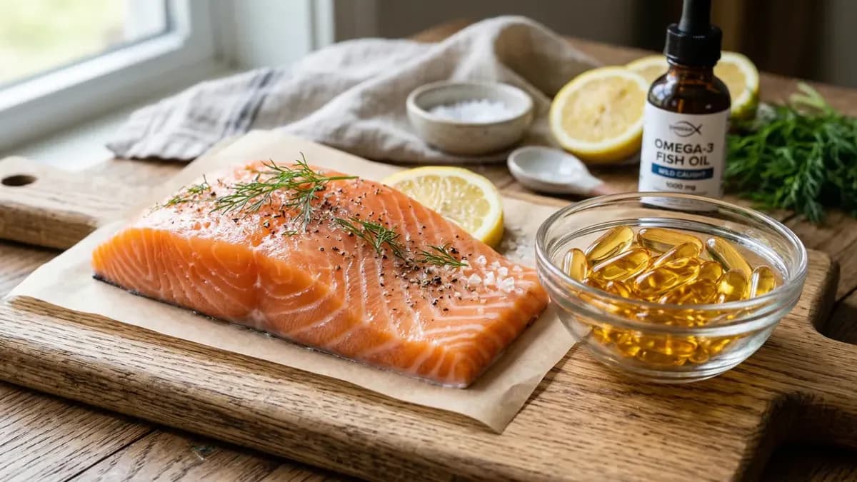 Verse zalmfilet naast omega-3 visoliecapsules op een houten plank, rijk aan EPA en DHA vetzuren