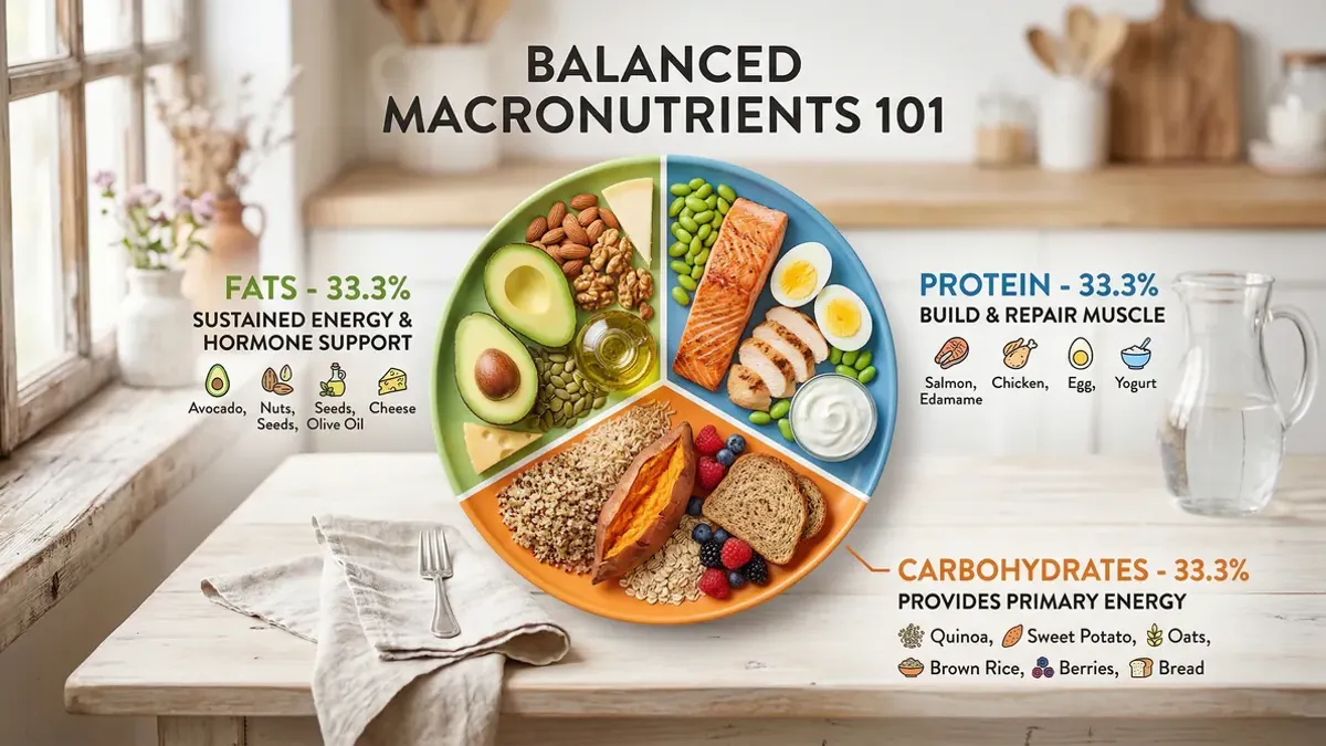 Macro split infographic: pie chart of protein, carbohydrates and fat with example foods for each macronutrient category