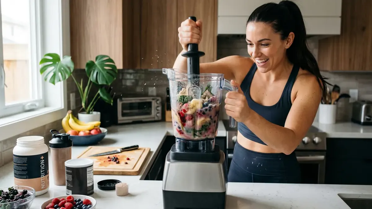A protein shake being blended with fruit and protein powder in a modern kitchen — an action shot in fitness lifestyle photography
