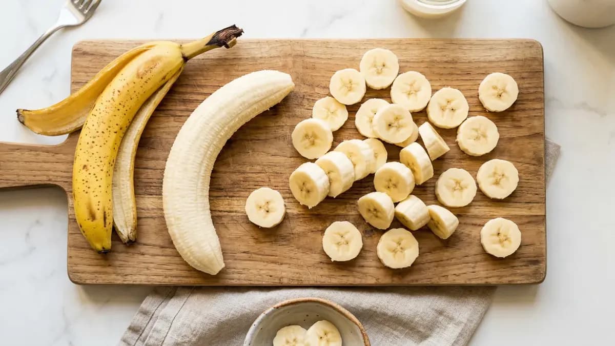 Rijpe gele bananen op een lichtblauwe achtergrond naast een bord havermout met banaanplakjes