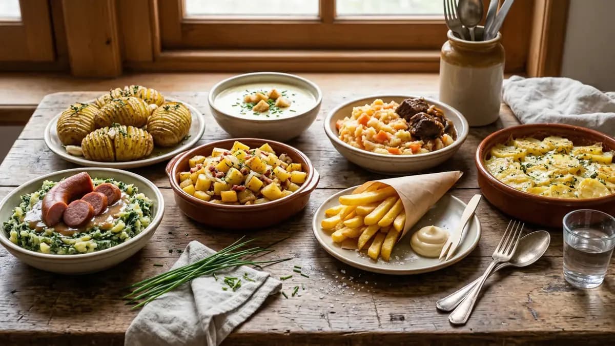 Verschillende aardappelen in diverse bereidingen op een houten ondergrond, van gekookt tot geroosterd, met groene kruiden als garnering