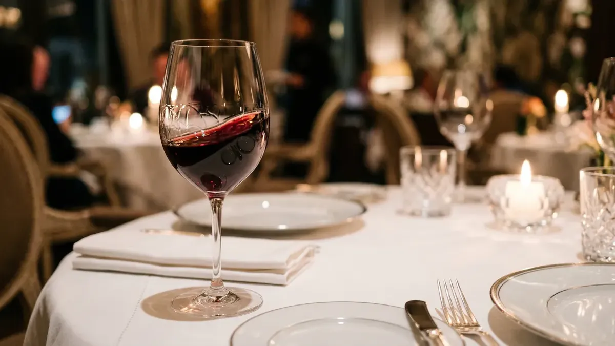 Elegant glas rode wijn op een wit tafelkleed met zachte bokeh-achtergrond, sfeervolle verlichting