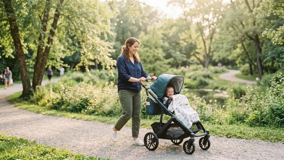 Young mother walking with pram in a park, healthy and happy, soft natural light