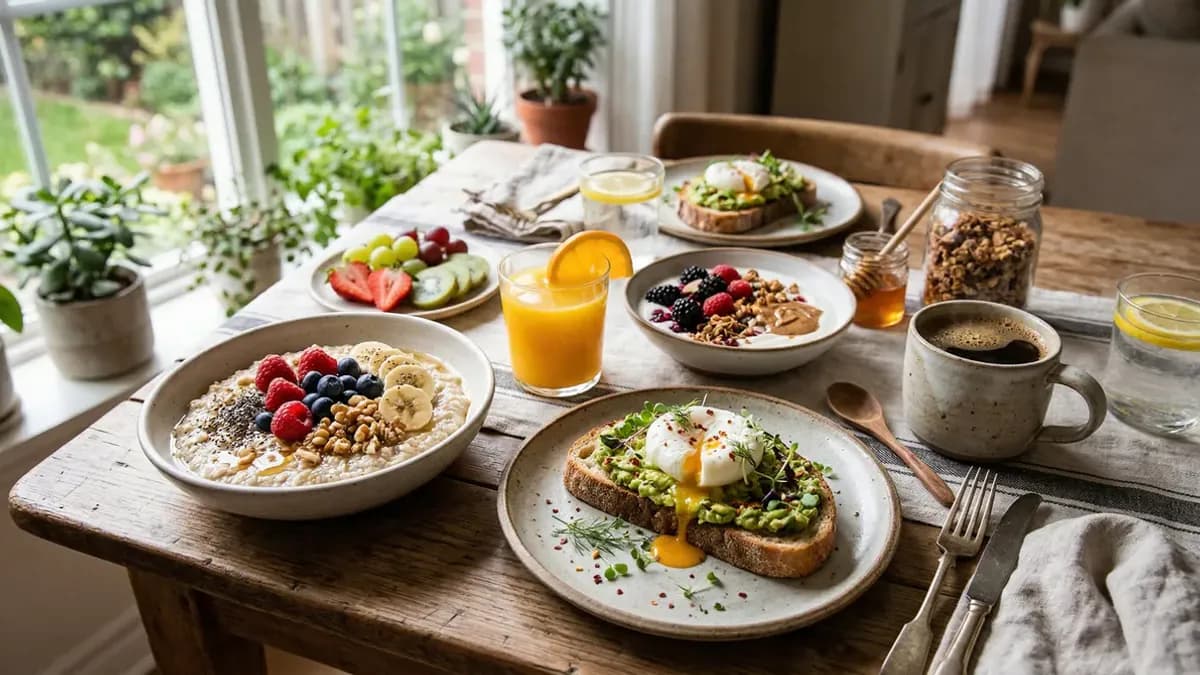 Breakfast spread in morning light with overnight oats, avocado toast, Greek yoghurt with fruit and scrambled eggs on a wooden table