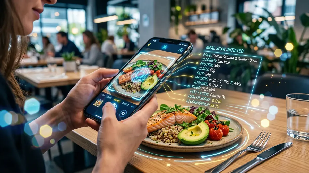 Een smartphone met een ai calorie tracker app die een bord met een salade en een glas water scant, omringd door verse groenten en fruit op een houten tafel.