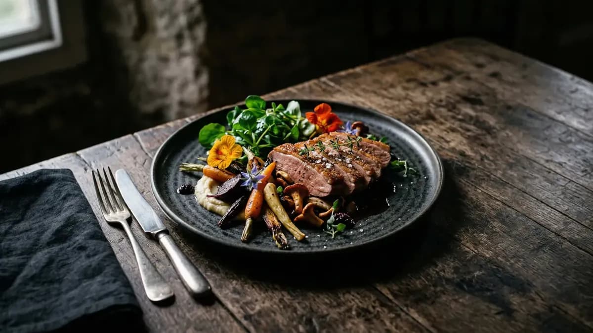 Single elaborate meal on a plate surrounded by empty table settings — OMAD one meal a day diet concept with dramatic food photography