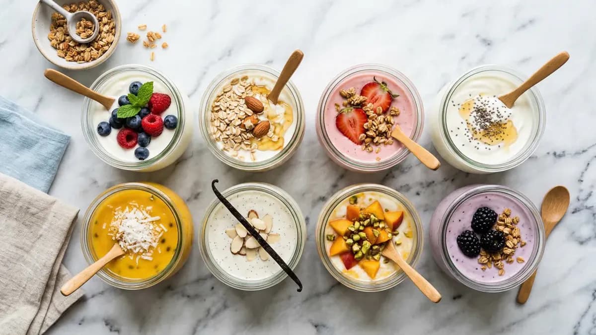 Verschillende soorten yoghurt in kommetjes op een tafel, met vers fruit en een lepel ernaast