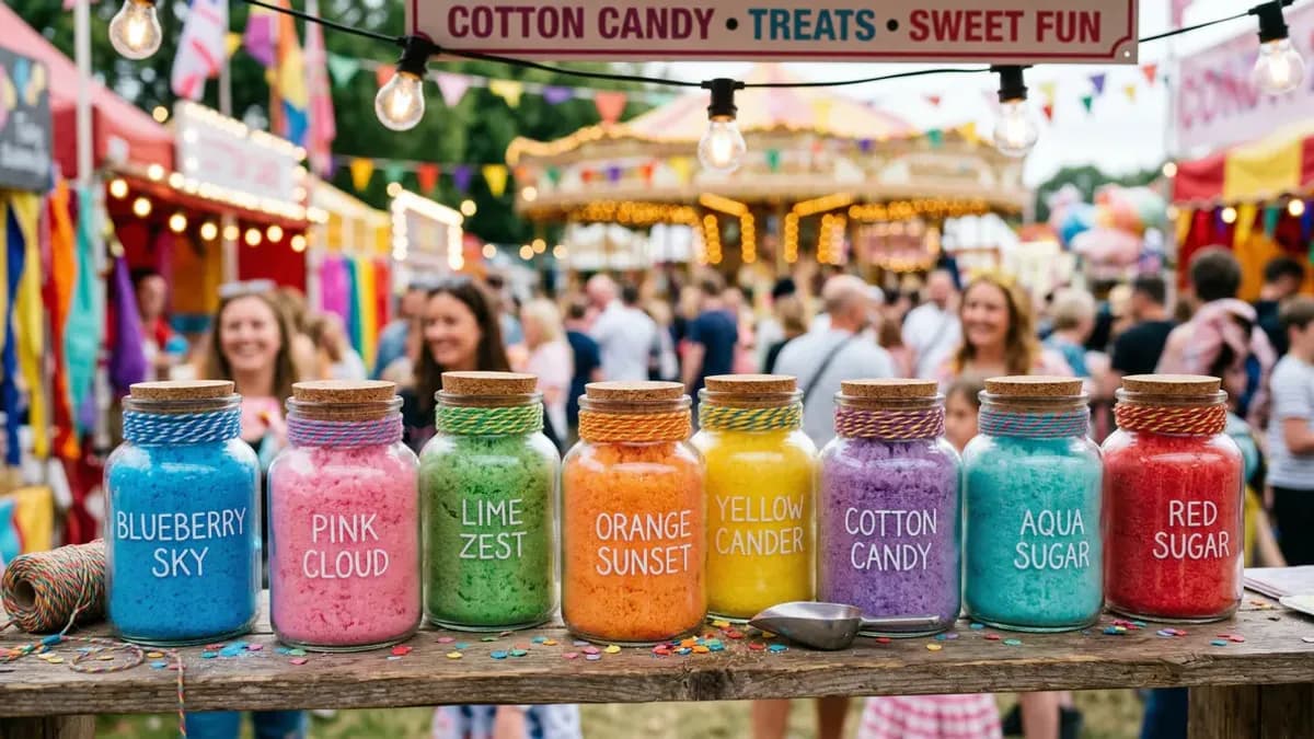 Colourful cotton candy sugar in jars — pink, blue and yellow granulated sugar for a cotton candy machine