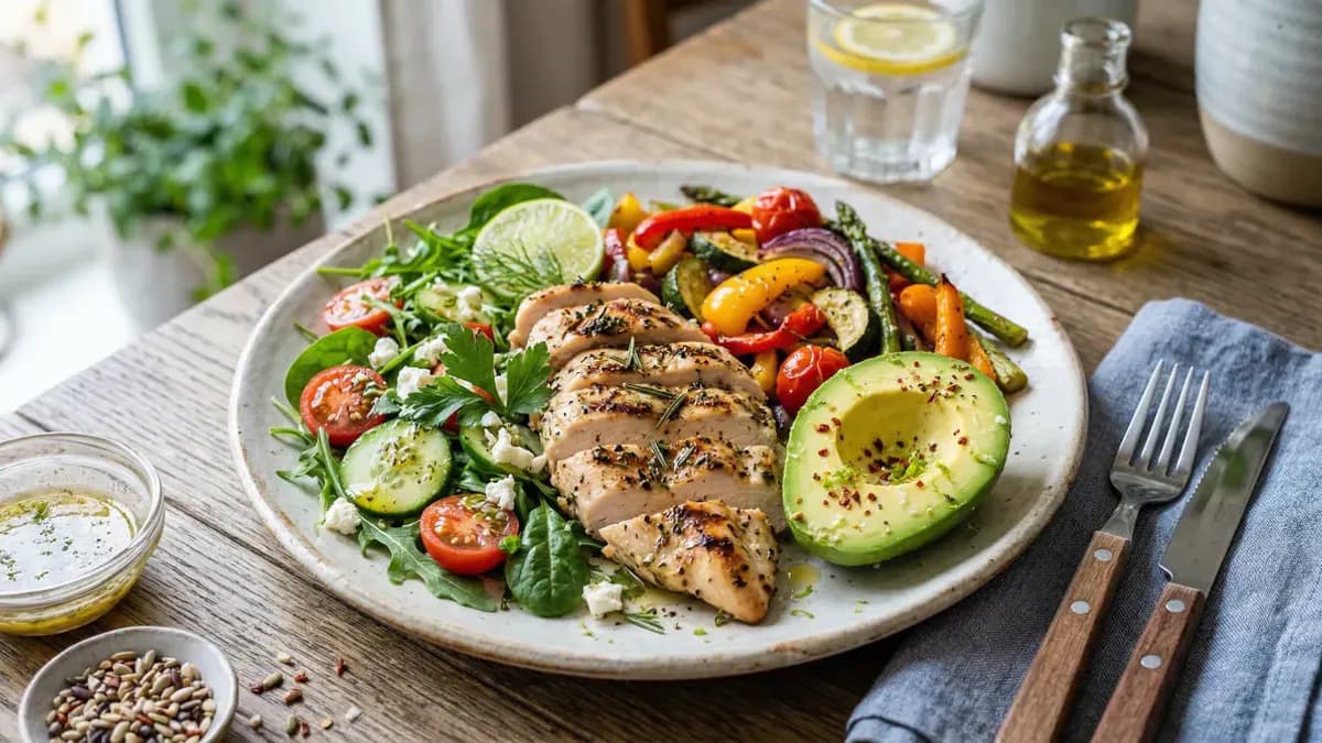 Colourful low-carb meal with grilled chicken, roasted vegetables and avocado on a white plate, healthy food photography