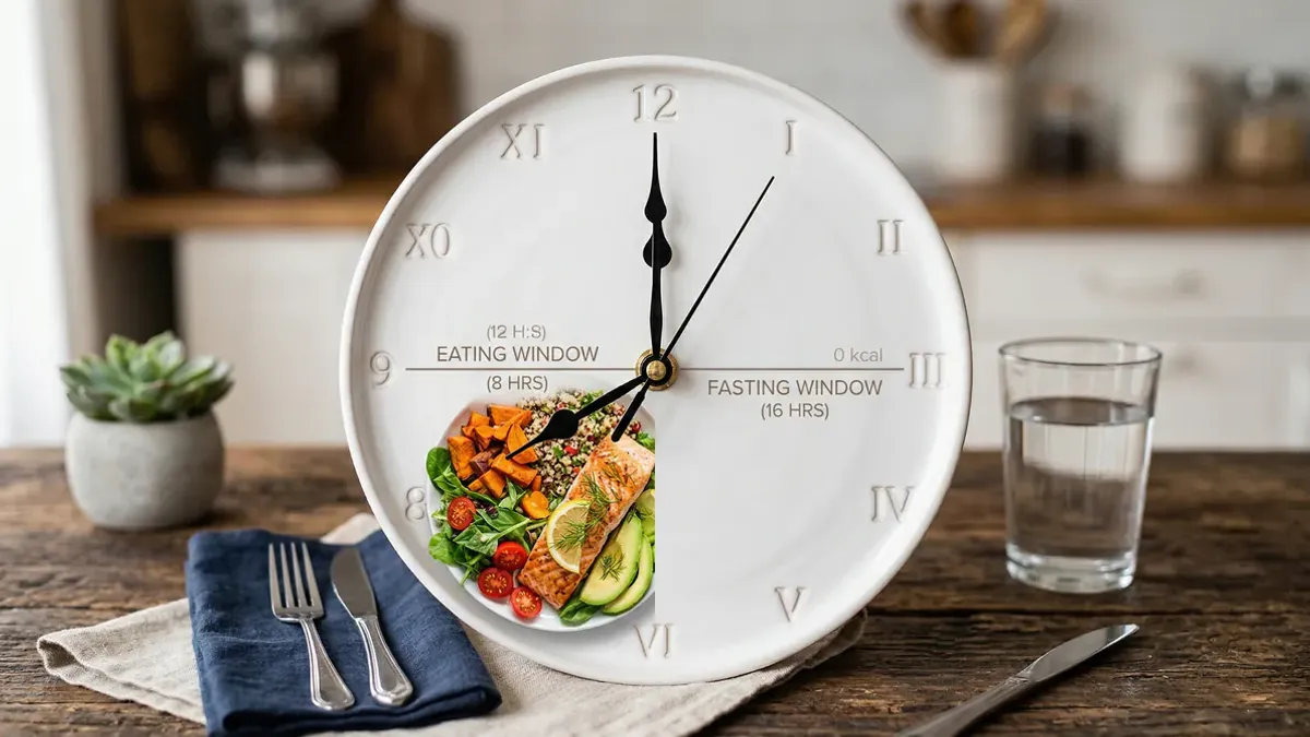 Bord met eten op de ene helft en een klok op de andere helft als visuele metafoor voor intermittent fasting schema's en eetvensters