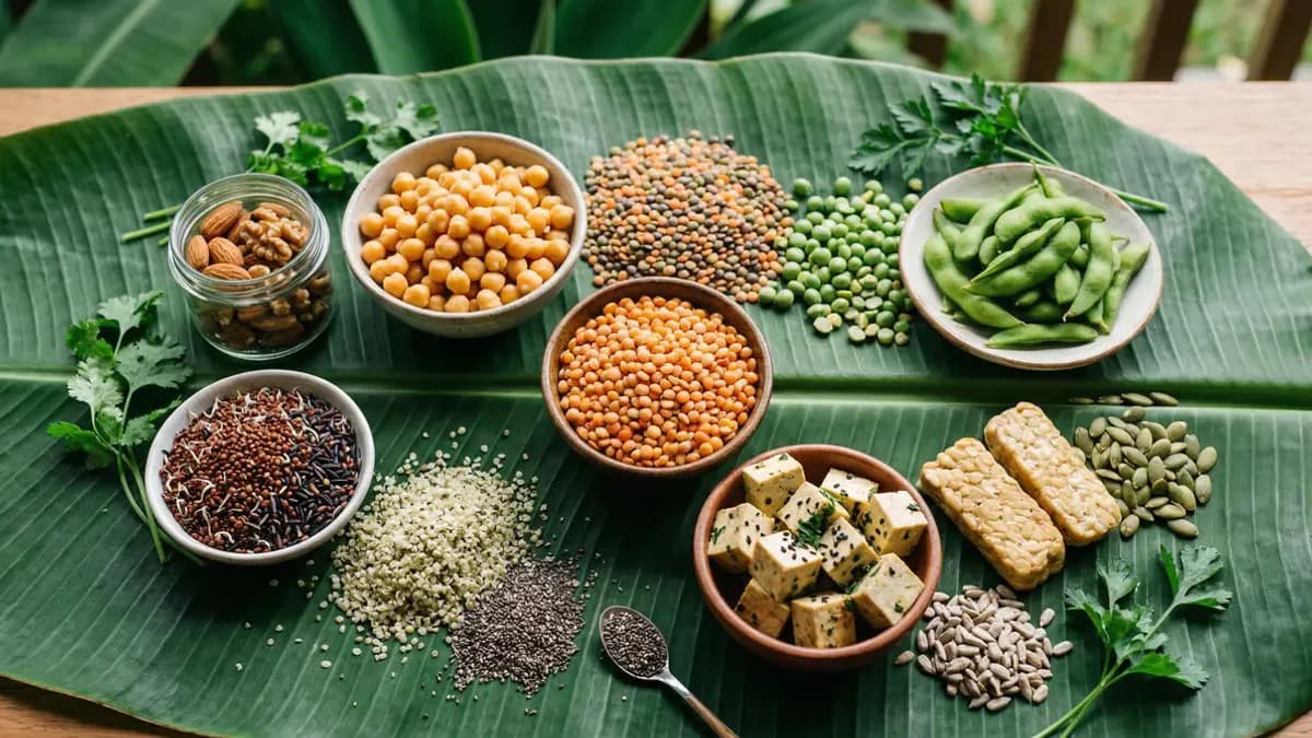 Mooie plantaardige eiwitbronnen — tempeh, linzen, kikkererwten, edamame en quinoa — uitgestald op een groen bladerenachtergrond in vegan voedingsfotografie