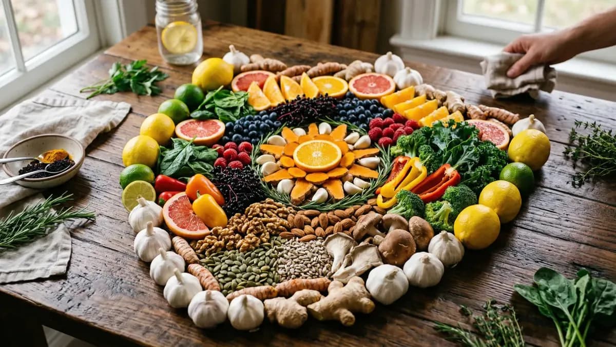 Colourful selection of immune-boosting foods including citrus fruits, garlic, ginger and yoghurt arranged as a protective shield