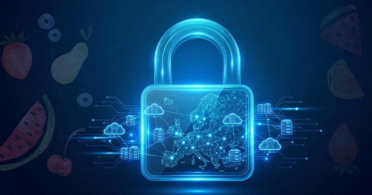 Digitaal slot met Europa-kaart en cloudservers die privacy van voedingsdata in een calorie app symboliseren