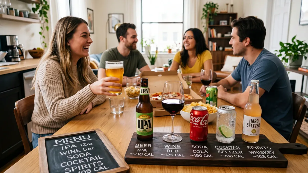 Een selectie dranken die de calorieen aangeven per soort.