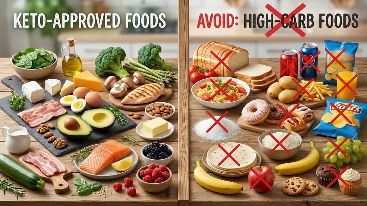 Split image comparing keto-approved foods like avocado and eggs on one side with crossed-out high-carb foods like bread and rice on the other