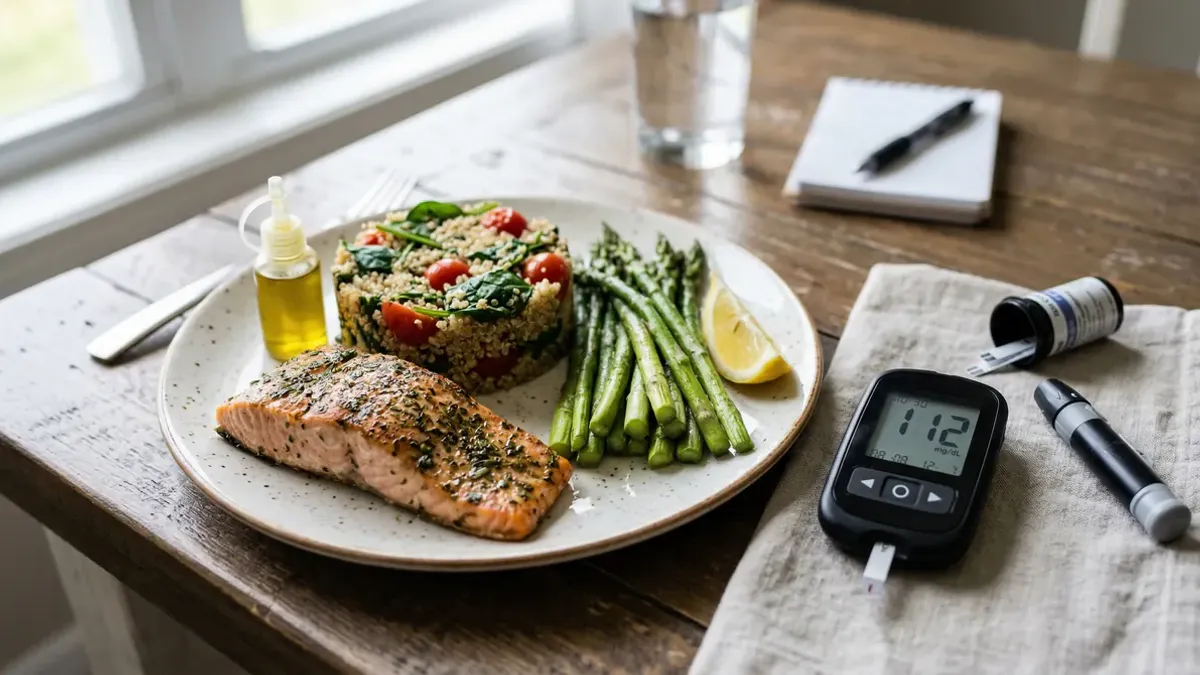 Diabetes-vriendelijke maaltijd met groenten, volkoren granen en een bloedglucosemeter op tafel