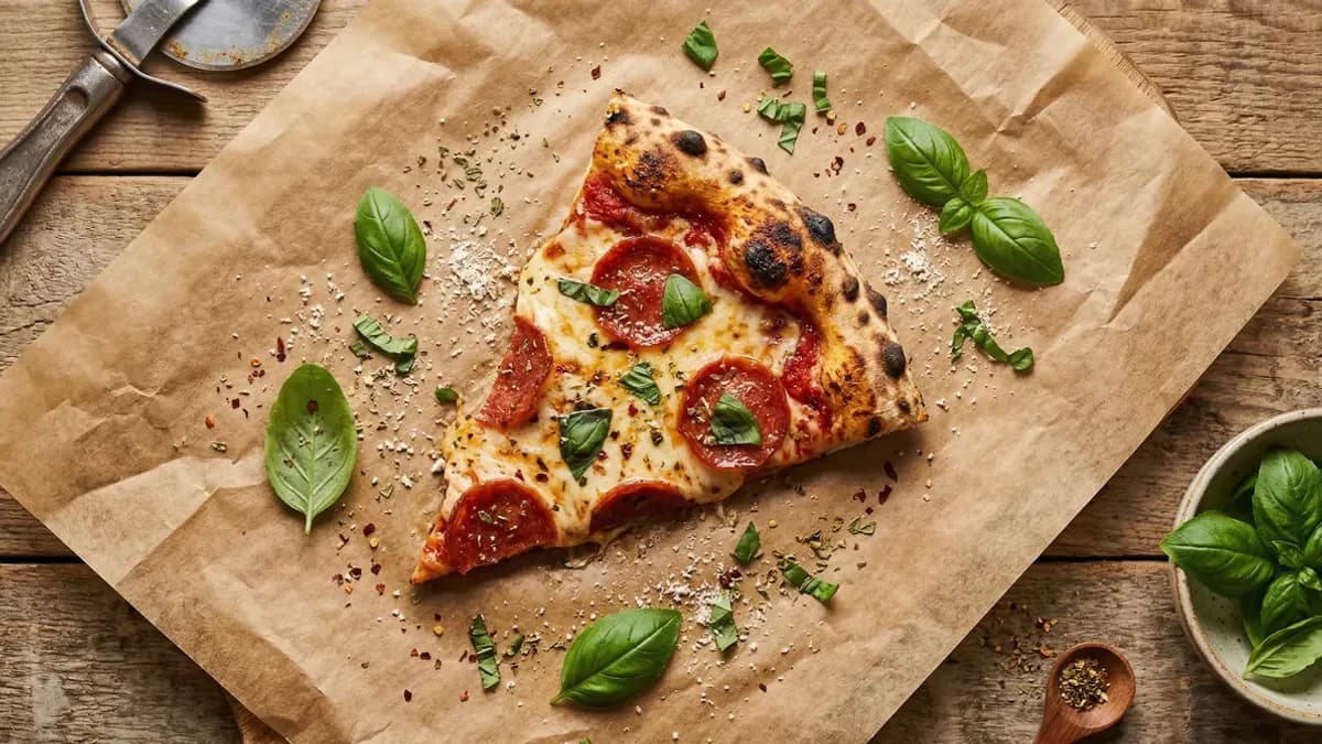 Pizza margherita op perkamentpapier met basilicumblaadjes, bovenaanzicht met warme kleuren en zichtbare calorieën per punt