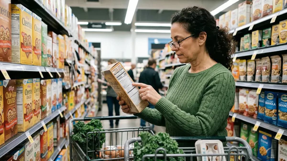 Person reading a nutrition label in a supermarket — close-up of the nutrition facts table on a food package showing protein, sugar and calorie values