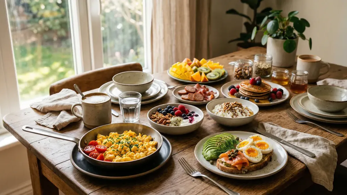 Uitgebreide spread van eiwitrijke ontbijtopties waaronder Griekse yoghurt met bessen, eieren, kwark en proteïne pannenkoeken in ochtendlicht