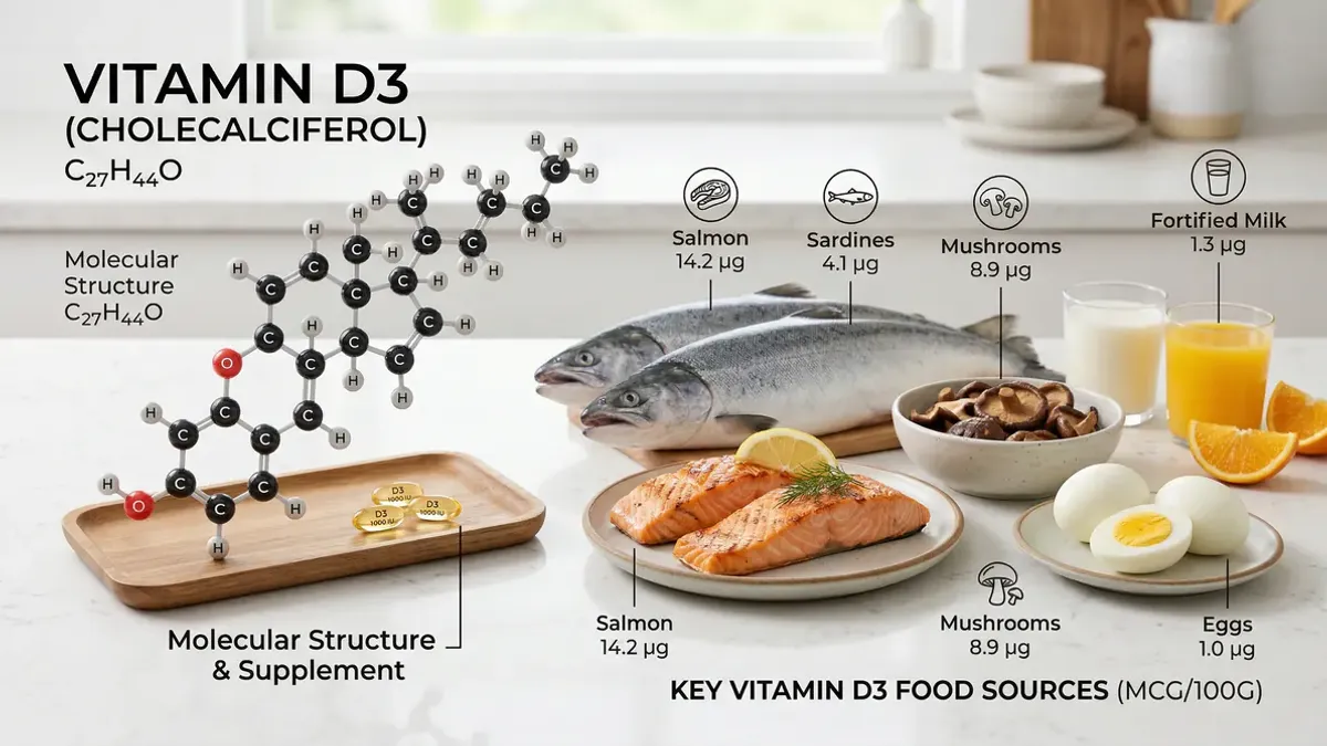 Vitamin D3 deficiency and health: illustration of supplement capsule with fatty fish, eggs and sunlight as sources of vitamin D3