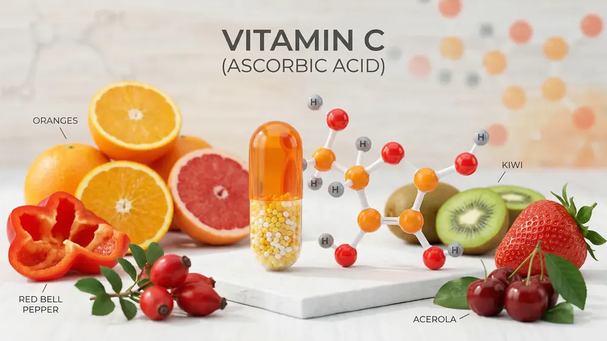 Vitamin C sources and benefits: red pepper, kiwi, orange and broccoli as rich sources of vitamin C