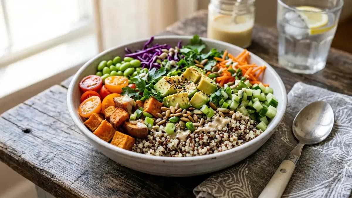 Bowl of cooked quinoa surrounded by colourful vegetables, a complete plant-based protein meal base