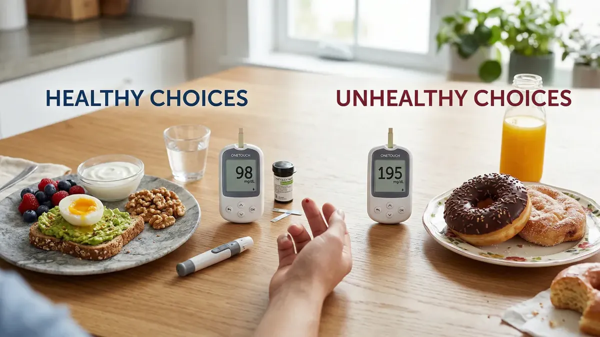 Blood glucose meter next to healthy and unhealthy foods — normal blood sugar levels and what they mean for your health