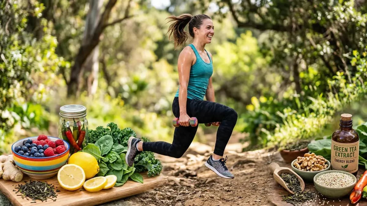 Person exercising surrounded by metabolism-supporting foods including eggs, nuts and vegetables — how to boost your metabolism