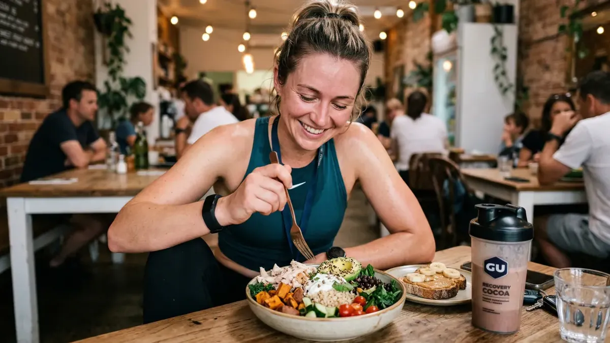 Gezonde herstelmaaltijd na het sporten met kipfilet, rijst, broccoli en een glas chocolademelk op een aanrecht