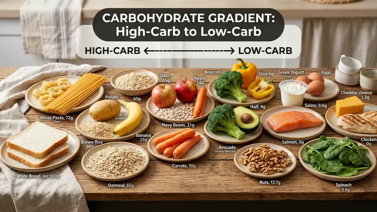 Colourful gradient arrangement of foods from high-carb to low-carb, from pasta and rice through to spinach and chicken