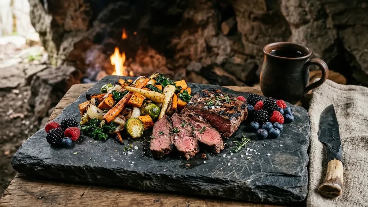 Paleo maaltijd met gegrild vlees, geroosterde groenten en bessen op een stenen bord, rustieke oervoeding fotografie